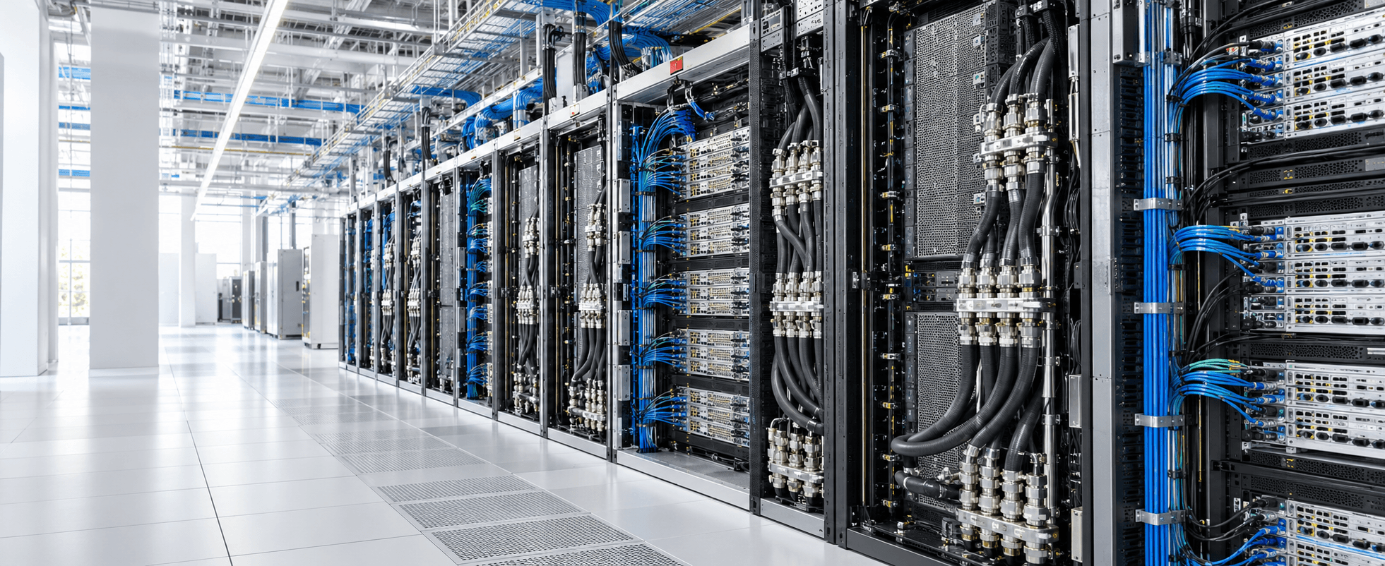 Conceptual high-density AI compute, liquid-cooling, and network-fabric infrastructure